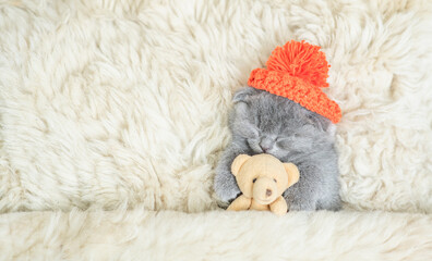 Cozy tiny kitten wearing tiny warm hat sleeps with favorite toy bear under warm blanket on a bed at...