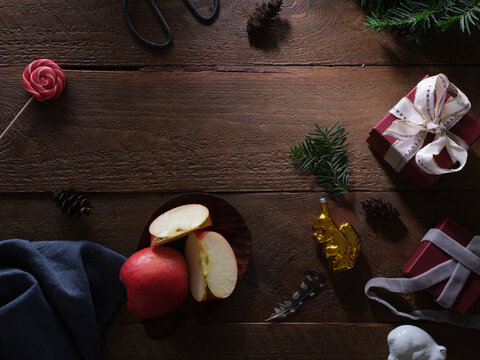 Christmas flatlay with decoration, fir branch and gifts