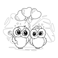 Coloring page. Cute and romantic owls with rose and balloons
