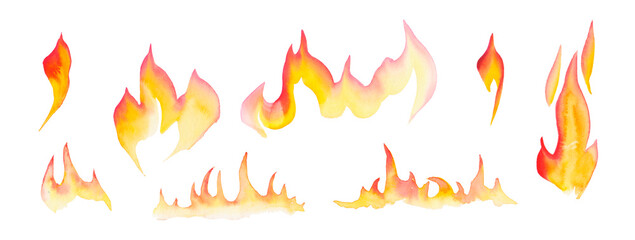 Watercolor flames, lights and torches set. Different fire elements. Hand drawn sketch illustration. Isolated on white background