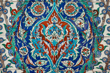 Iznik tiles detail in Topkapi palace. Ornate floral design. Turkey