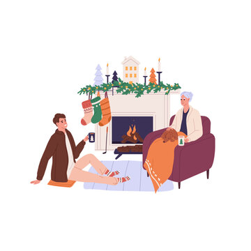 Happy Grandmother And Man At Fireplace At Christmas. Adult Son And Senior Elderly Mother, Granny By Xmas Fireside At Home On Winter Holidays. Flat Vector Illustration Isolated On White Background