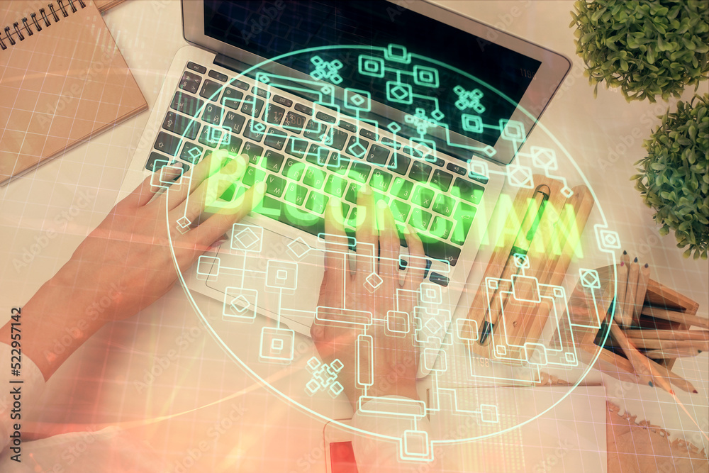 Poster Double exposure of woman hands working on computer and blockchain theme hologram drawing. Top View. bitcoin cryptocurrency concept.