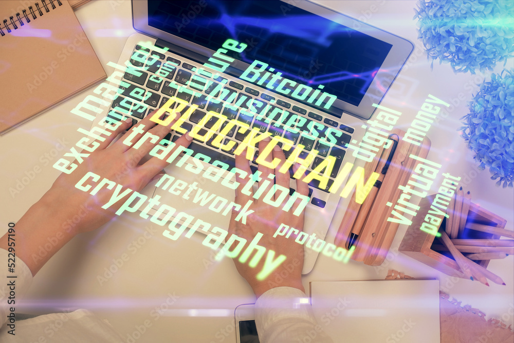 Poster double exposure of woman hands working on computer and blockchain theme hologram drawing. top view. 