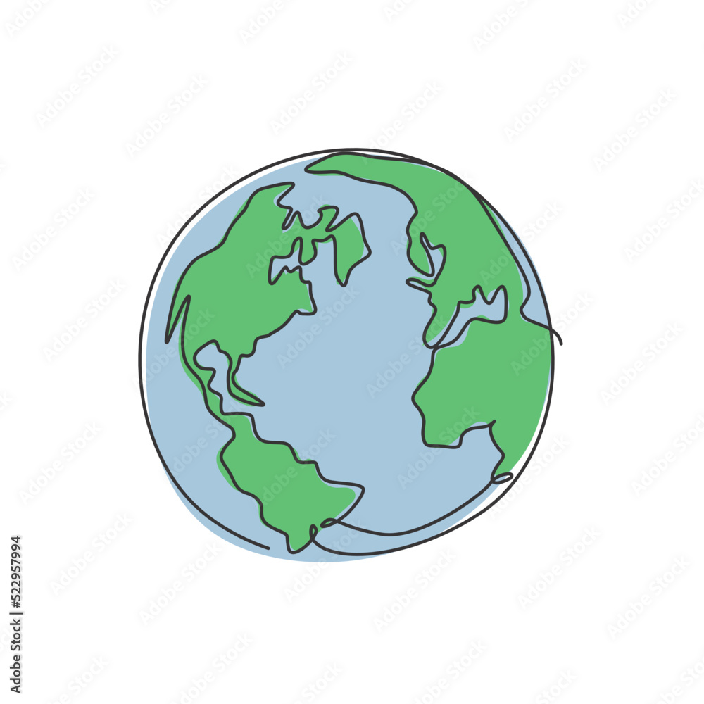 Poster single continuous line drawing of global sphere of world globe for educational knowledge. planet log
