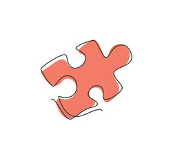 Fototapeta premium Single continuous line drawing of a puzzle piece for human creativity thinking process. Toy kids company logotype symbol template concept. Dynamic one line draw graphic vector illustration