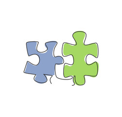 Fototapeta premium One single line drawing of puzzle pieces for connection company logo identity. Teamwork business icon concept from jigsaw shape. Trendy continuous line draw design vector illustration