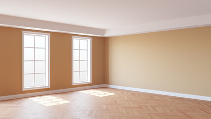 Sunny Light Beige Room with a White Ceiling and Cornice, Glossy Herringbone Parquet Floor, Two Large White Windows and a White Plinth. Beautiful Interior Concept. 3d rendering. 8K Ultra HD, 7680x4320