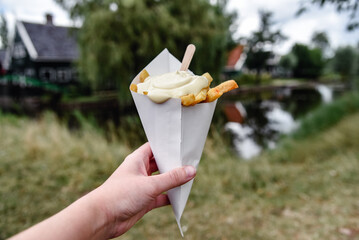 Mano sosteniendo un cono de papas fritas con mayonesa. Concepto de comida tradicional de los Países Bajos.
