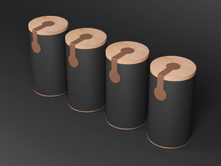 Four Tin Can Mockup with wooden lid and golden sticker, label. Black Cylindrical packaging, 3d rendering