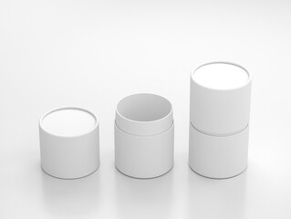 Opened and closed White Tube Tin can Mockup, cylindrical Packaging in white studio, 3d rendering
