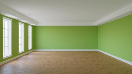 Beautiful Unfurnished Room with Green Walls, White Ceiling and Cornice, Three Large Windows, Glossy Herringbone Parquet Flooring and a White Plinth. Interior Concept, 3D illustration. 8K Ultra HD