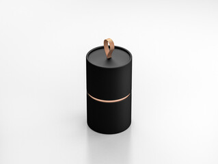 Black Tube Tin can Mockup, cylindrical Packaging with golden loop, 3d rendering