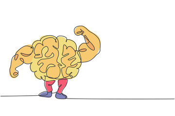 One continuous line drawing of strong muscular brain human shows muscle logo icon. Smart health for fitness center logotype symbol template concept. Trendy single line draw design vector illustration