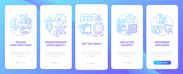 Elearning video tips blue gradient onboarding mobile app screen. Walkthrough 5 steps graphic instructions with linear concepts. UI, UX, GUI template. Myriad Pro-Bold, Regular fonts used