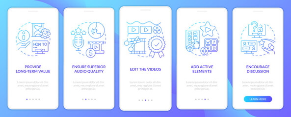 Naklejka premium Elearning video tips blue gradient onboarding mobile app screen. Walkthrough 5 steps graphic instructions with linear concepts. UI, UX, GUI template. Myriad Pro-Bold, Regular fonts used