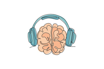 One continuous line drawing of human brain listening to music using wire headphone logo icon. Smart dj logotype symbol template concept. Trendy single line draw graphic design vector illustration