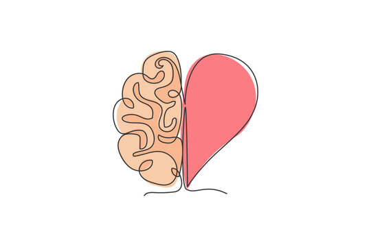 One continuous line drawing of half human brain and love heart shape logo icon. Psychological split affection logotype symbol template concept. Trendy single line draw design vector illustration