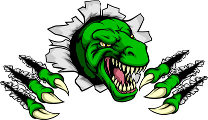 Cartoon T Rex tyrannosaurus dinosaur mascot ripping through the background with its claws © Christos Georghiou