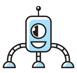 smiling cartoon robot with one eye and three legs, vintage comic logo, vector icon