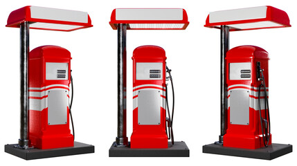 A 3D representation of a collection of antique red petrol stations, isolated on a white backdrop. - obrazy, fototapety, plakaty