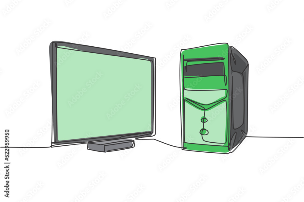 Poster single continuous line drawing of cpu computer and screen monitor for supporting business. electroni