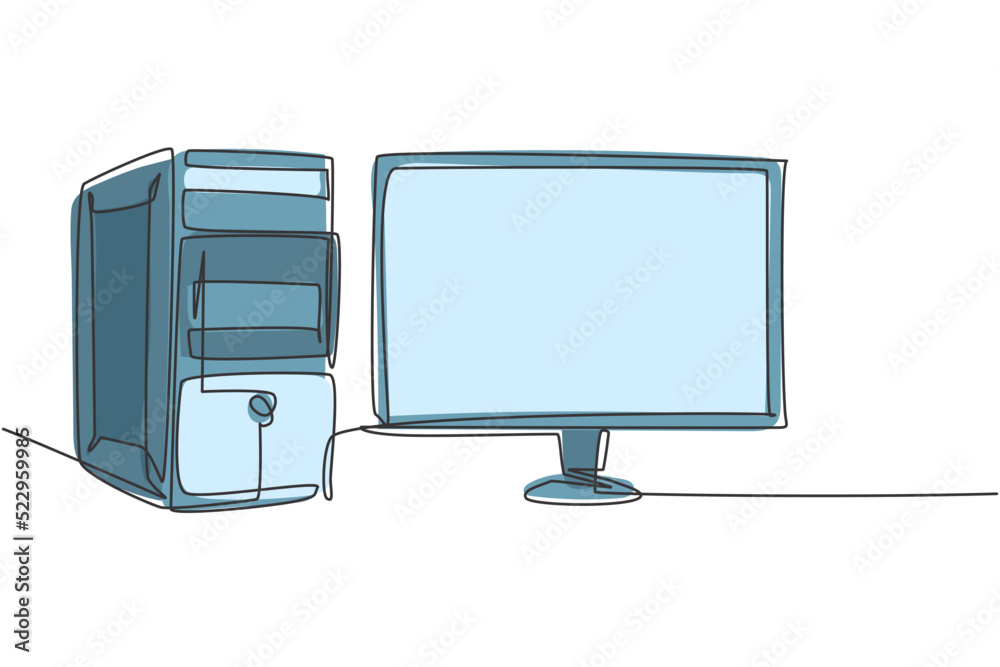Poster single continuous line drawing of cpu computer unit and screen monitor for company. electronic small