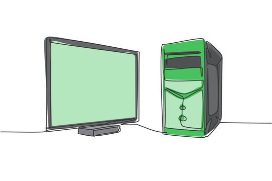 Single Continuous Line Drawing Of Cpu Computer And Screen Monitor For Supporting Business. Electronic Small Home Business Equipment Concept. Modern One Line Draw Design Graphic Vector Illustration