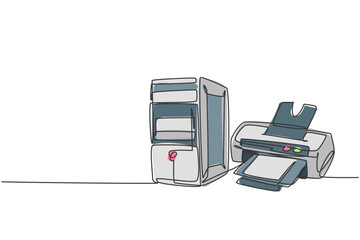One single line drawing of cpu computer with inkjet printer for small home office. Electricity business equipment tools concept. Dynamic continuous line graphic draw vector design illustration