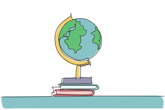 Single one line drawing of world globe. Round map above books pile icon silhouette education concept. Infographics, school presentation isolated on white background. Design vector graphic illustration