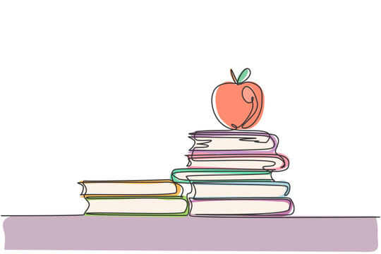 Continuous one line drawing of apple above books stack minimalist vector illustration design on white background. Isolated simple line modern graphic style. Hand drawn graphic concept for education