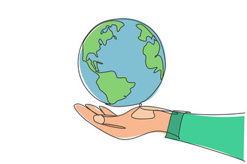 Single one line drawing of hands hold round earth. Globe icon silhouette for world protect concept. Infographics, business presentation isolated on white background. Design vector graphic illustration