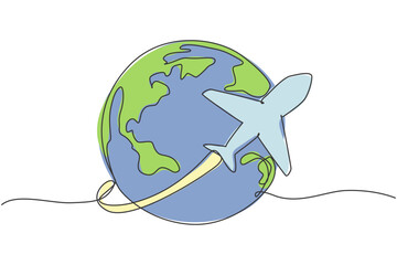 Single one line drawing of airplane fly through the sky. Globe icon silhouette for tours and travel concept. Infographics, business presentation on white background. Design vector graphic illustration