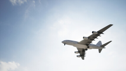 Conceptual flying white passenger jetliner or commercial plane after take off rising over a beautiful sky background. 3D illustration for jet transportation, travel industry or modern freedom concept