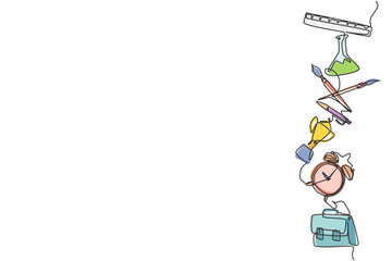 Single continuous line drawing of flask, trophy, alarm clock, briefcase set for page layout. Back to school minimalist style. Education concept. Modern one line draw graphic design vector illustration