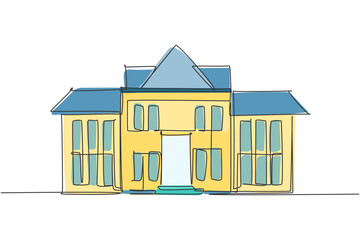 Single one line drawing of luxury elementary school building exterior. Back to school minimalist, education concept. Continuous simple line draw style design graphic vector illustration