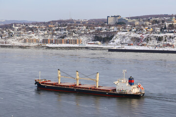 Ship on the Saint Lawrence River in Quebec City, Canada in winter