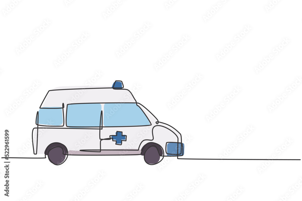 Wall mural Single continuous line drawing of hospital ambulance vehicle to rescue critical patient. 911 isolated minimalism concept. Dynamic one line draw graphic design vector illustration on white background