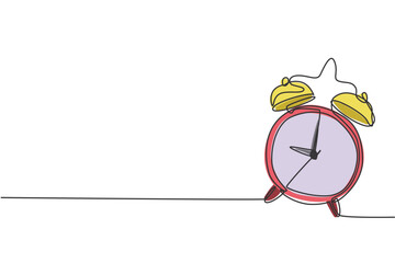 Single continuous line drawing of ringing alarm clock to wake children up. Back to school minimalist style. Time keeper concept. Modern one line draw graphic design vector illustration