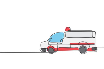 Continuous one line drawing of hospital ambulance car. Rescuer transportation vehicle for first emergency hand drawn minimalist concept. Modern single line draw design vector graphic illustration © Simple Line