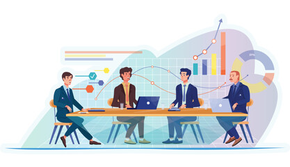 Virtual office concept. Online meeting. Virtual meeting. Employees sitting at the table. Online presentation. Internet communication. Business.