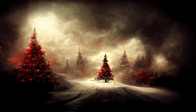 3D Render Merry Christmas HD Wallpaper. Dark Vintage Lights Background. Defocused. Beautiful Artwork Seasonal Illustration And Copy Space Background.