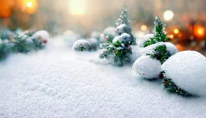 3D Render Merry Christmas HD Wallpaper with snowy night with firs, falling snow. Beautiful artwork seasonal illustration and copy space background.