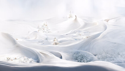 Fototapeta na wymiar 3D Render Merry Christmas HD Wallpaper with snowy night with firs, falling snow. Beautiful artwork seasonal illustration and copy space background.