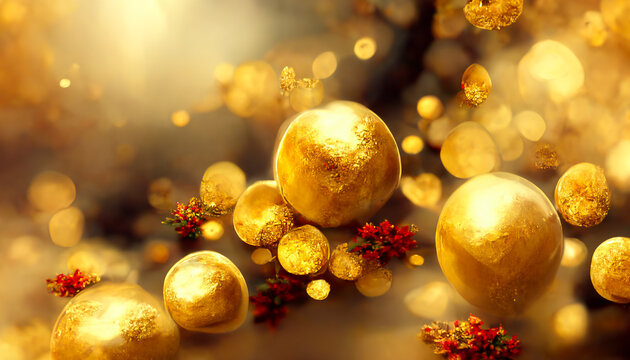 3D Render Golden Merry Christmas HD Wallpaper with bokeh defocused lights. Beautiful artwork seasonal illustration and copy space background.