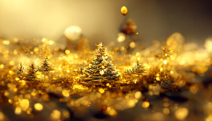 Fototapeta premium 3D Render Golden Merry Christmas HD Wallpaper with bokeh defocused lights. Beautiful artwork seasonal illustration and copy space background.