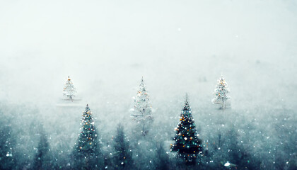 3D Render Merry Christmas HD Wallpaper with snowy night with firs, falling snow. Beautiful artwork seasonal illustration and copy space background.