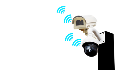 cctv on black pole,360-degree CCTV system, technology, 24k system in front of the travel lodge, takes care of people, is safe 24 hours on the background.