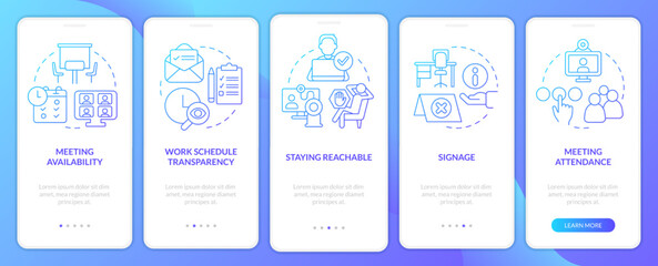 Naklejka premium Work locations and schedules blue gradient onboarding mobile app screen. Walkthrough 5 steps graphic instructions with linear concepts. UI, UX, GUI template. Myriad Pro-Bold, Regular fonts used