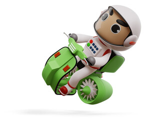 Delivery spaceman riding flying motorcycle with delivery box, 3d rendering